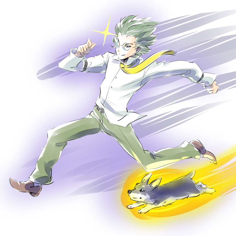 1boy, bartholomew_oobleck, belt, commentary_request, dog, glasses, glint, green_hair