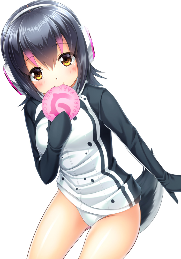 1girl, bangs, black_hair, blush, bottomless, food, headphones, holding