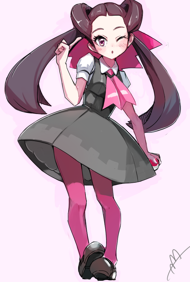 1girl, ;o, arm_at_side, ascot, blush, brown_hair, brown_shoes, dress, full_body, grey_dress, hair_rings, holding, holding_poke_ball, index_finger_raised, long_hair, mary_janes, one_eye_closed, pinafore_dress, pink_background, pink_eyes, pink_legwear, poke_ball, pokemon, pokemon_(game), pokemon_oras, shoes, solo, standing, tsutsuji_(pokemon), twintails, yamako_(yamak0)
