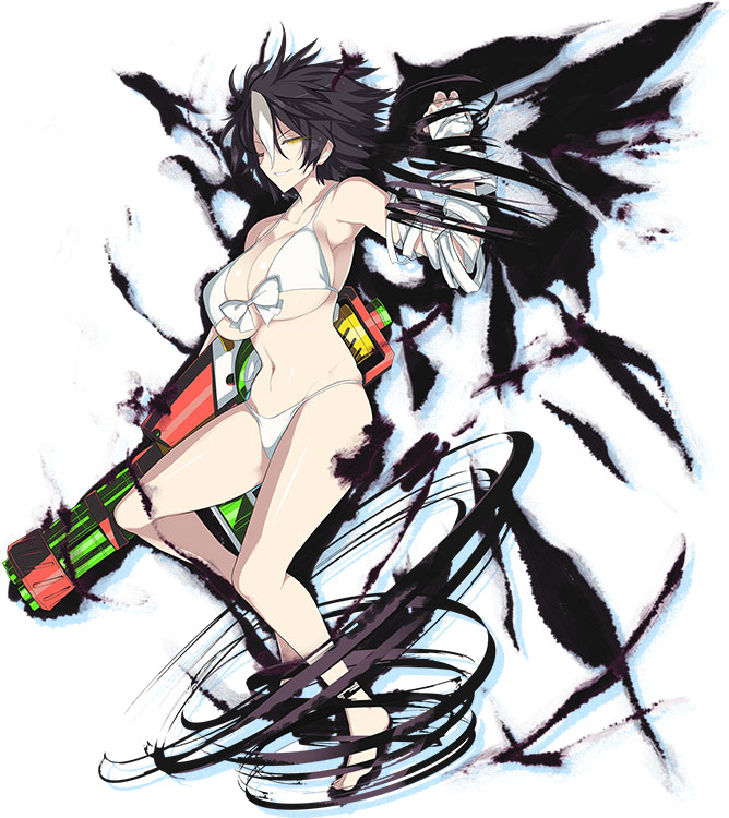 armpits, bandage, bare_legs, barefoot, bikini, black_hair, black_wings, bow