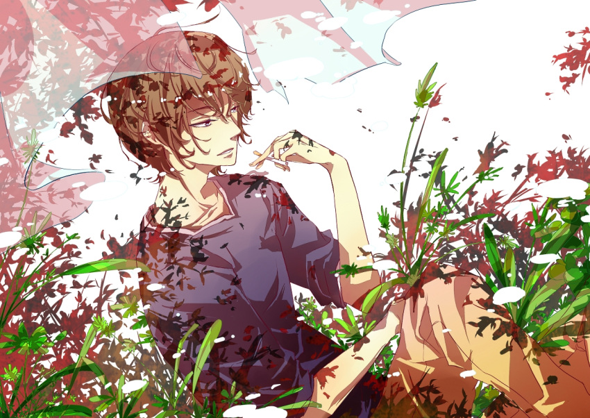 1boy, brown_eyes, brown_hair, brown_pants, cigarette, collarbone, curtains, flower