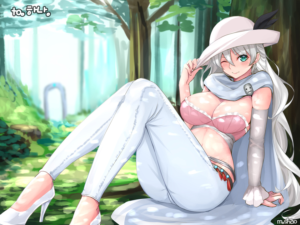 1girl, :>, adjusting_clothes, adjusting_hat, against_tree, aqua_eyes, arch, architecture, arm_behind_back, arm_support, arm_up, artist_name, bangs, black_bow, blurry, blush, bow, breasts, bush, cape, cleavage, closed_mouth, crop_top, dappled_sunlight, detached_sleeves, dungeon_and_fighter, earrings, east_asian_architecture, elven_knight_(dungeon_and_fighter), erect_nipples, eyebrows_visible_through_hair, eyes_visible_through_hair, feet, forest, frilled_sleeves, frills, full_body, grass, groin, hair_between_eyes, hat, hat_bow, high_heels, hoop_earrings, jewelry, knees_together_feet_apart, knees_up, korean, large_breasts, leaning_back, legs, long_hair, long_sleeves, looking_at_viewer, lowleg, lowleg_pants, midriff, nature, navel, one_eye_closed, outdoors, pants, pink_hat, shaojiang, shoes, silver_hair, single_sleeve, sitting, skindentation, smile, solo, stiletto_heels, strapless, sunlight, tassel, text, tight, tight_pants, translation_request, tree, tree_stump, wavy_hair, white_cape, white_pants, white_shoes