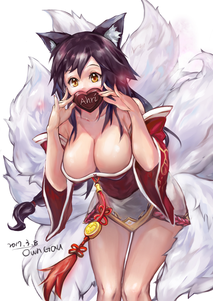 1girl, ahri, animal_ears, artist_name, bare_shoulders, black_hair, blush, breasts
