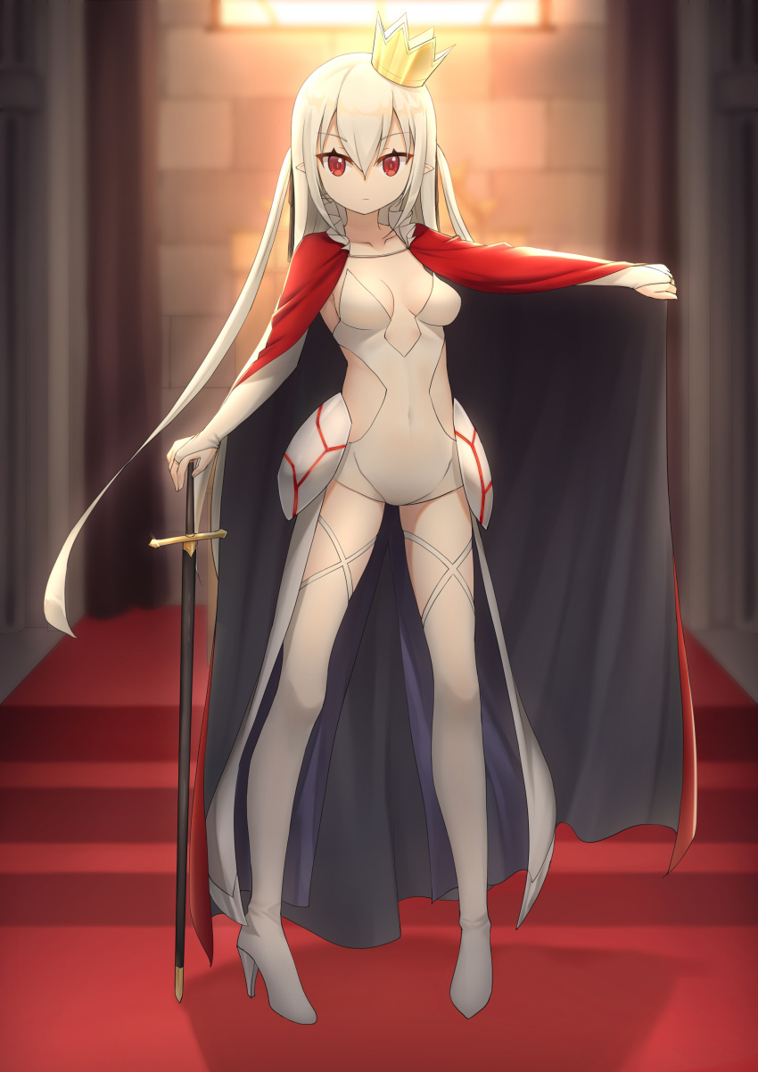 1girl, absurdres, albino, backlighting, bangs, blurry, boots, breasts