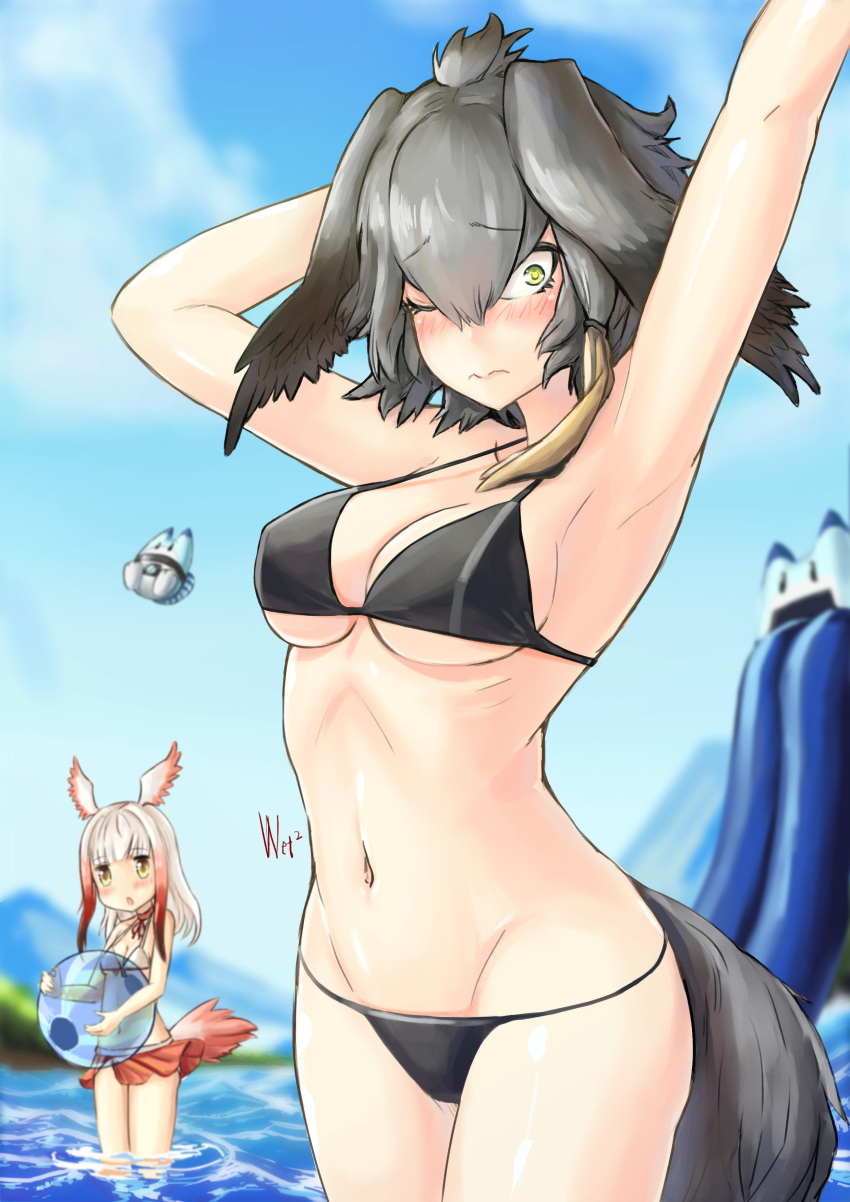 2girls, :o, absurdres, arms_up, artist_name, ball, bangs, bare_shoulders