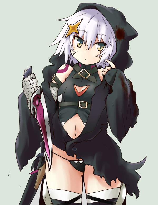 1girl, assassin_of_black, bandage, black_legwear, black_panties, blood, bloody_clothes, blush