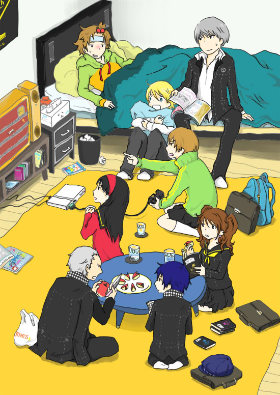 girls_playing_games, hanamura_yousuke, jyako_(bara-myu), kujikawa_rise, kuma_(persona_4), narukami_yuu, persona, persona_4, playing_games, satonaka_chie, seta_souji, shirogane_naoto, some_(pixiv179616), tatsumi_kanji, video_game