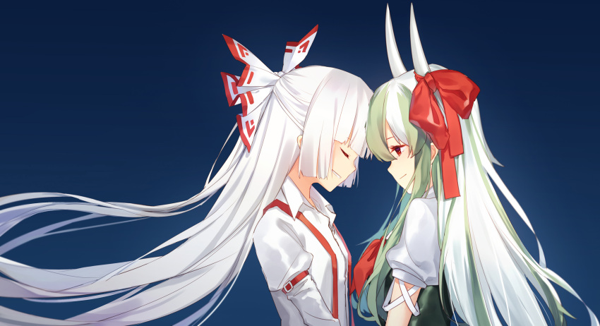 2girls, blue_background, breasts, closed_eyes, ex-keine, fujiwara_no_mokou, ginryuu, green_hair, highres, horn_ribbon, horns, kamishirasawa_keine, long_hair, long_sleeves, looking_at_another, multicolored_hair, multiple_girls, puffy_short_sleeves, puffy_sleeves, red_eyes, red_ribbon, ribbon, shirt, short_sleeves, simple_background, small_breasts, smile, suspenders, tears, touhou, two-tone_hair, white_hair, white_shirt