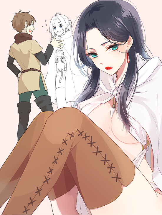 1girl, 2boys, animal, arslan, arslan_senki, black_hair, blue_eyes, boots