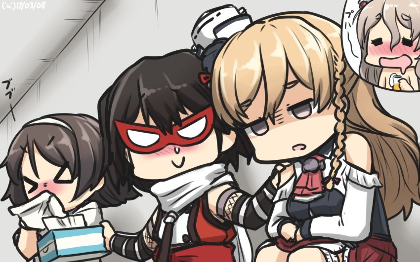 >_<, 4girls, ascot, black_hair, blowing_nose, blush, brown_hair, c:
