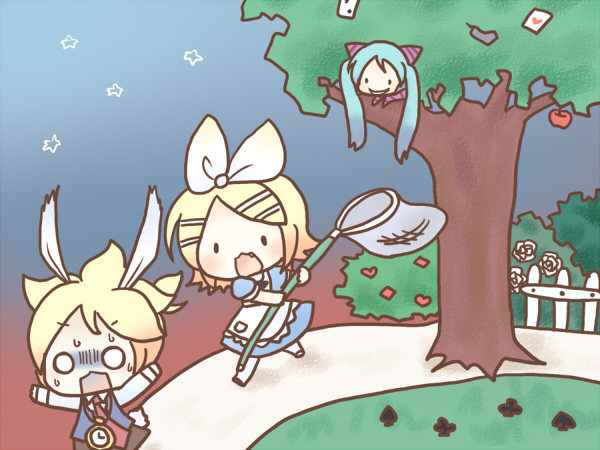 alice_(wonderland), bad_id, blonde_hair, bow, butterfly_net, chase, chasing, cheshire_cat, chibi, cosplay, hand_net, hatsune_miku, kagamine_len, kagamine_rin, net, o_o, sakuramori_sumomo, short_hair, tree, trees, twintails, vocaloid, white_rabbit