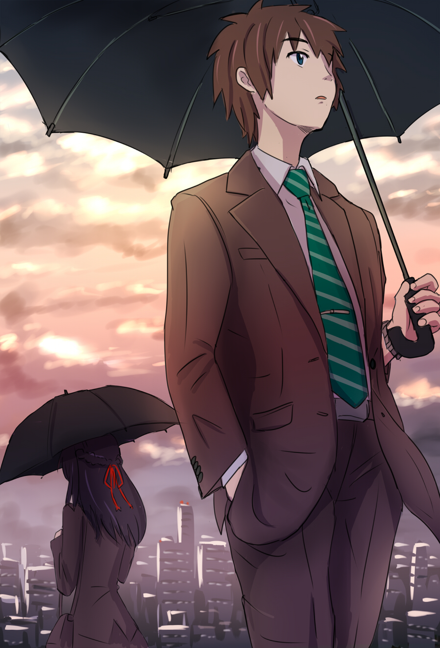 1boy, 1girl, bag, black_hair, blue_eyes, braid, brown_hair, clouds, cloudy_sky, commentary_request, formal, french_braid, green_necktie, hair_ribbon, hand_in_pocket, highres, kimi_no_na_wa, long_hair, miyamizu_mitsuha, mori_souchou, necktie, older, red_ribbon, ribbon, sky, striped, striped_necktie, suit, tachibana_taki, umbrella