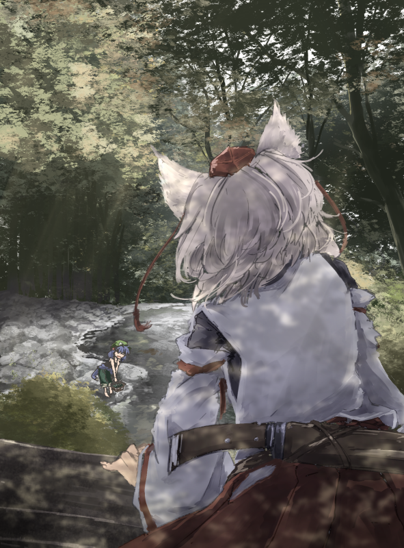 2girls, animal_ears, back, blue_hair, commentary_request, dappled_sunlight, detached_sleeves, from_behind