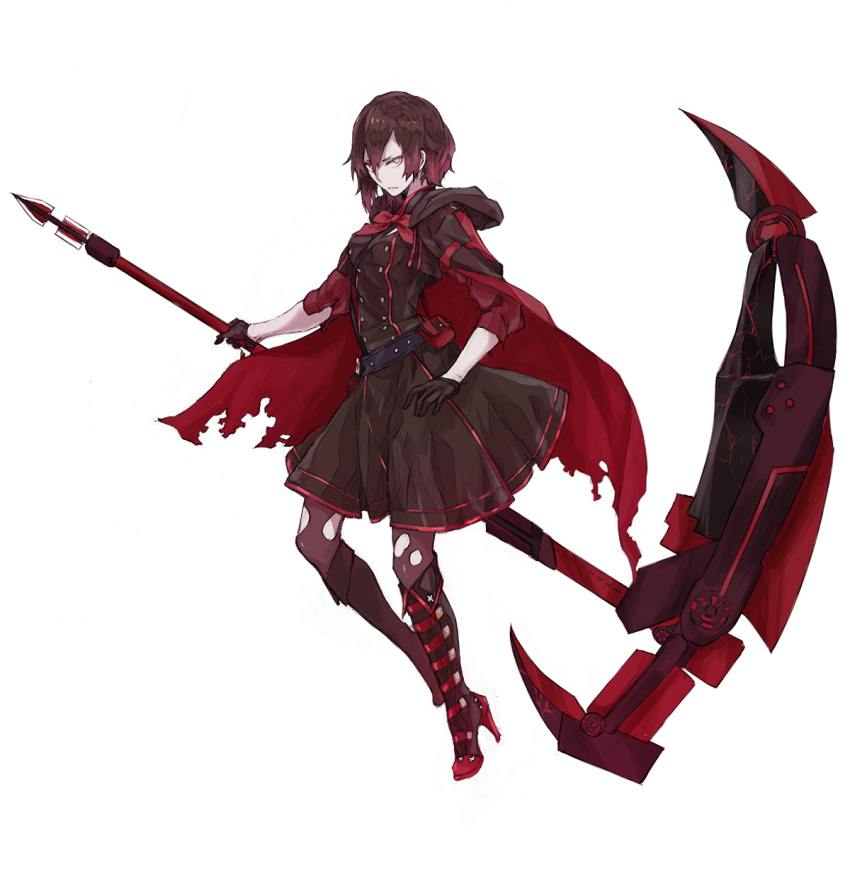 adapted_costume, alternate_costume, alternate_eye_color, cape, corruption, crescent_rose, dark_persona, high_heel_boots