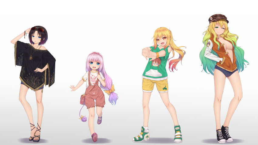 4girls, :d, black_hair, blonde_hair, blue_eyes, breasts, cameo, casual