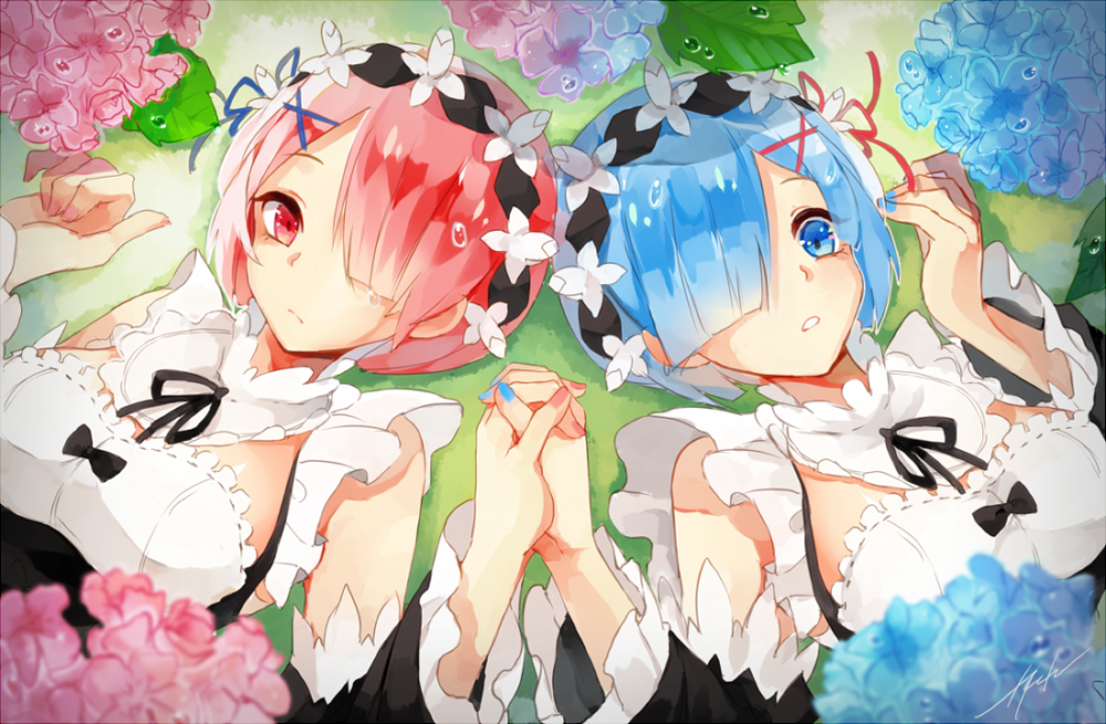 2girls, black_bow, black_ribbon, blue_eyes, blue_hair, blue_ribbon, bow, detached_sleeves