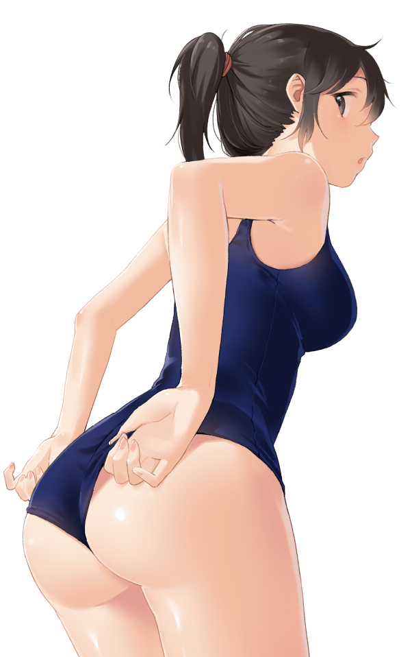 1girl, adjusting_clothes, adjusting_swimsuit, ass, bangs, bare_arms, bare_shoulders, black_eyes