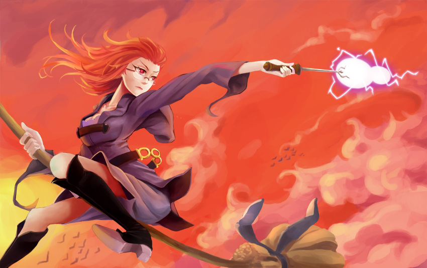 1girl, belt, boots, breasts, broom, broom_riding, cape, cleavage, clouds, glasses, highres, hood, hood_down, little_witch_academia, long_hair, lv_11, red_eyes, redhead, shiny_chariot, skirt, sky, solo, spoilers, twilight, ursula_(little_witch_academia), wand, witch