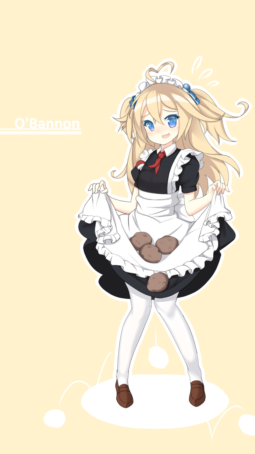 1girl, @_@, alternate_costume, apron, blonde_hair, blue_eyes, blush, character_name