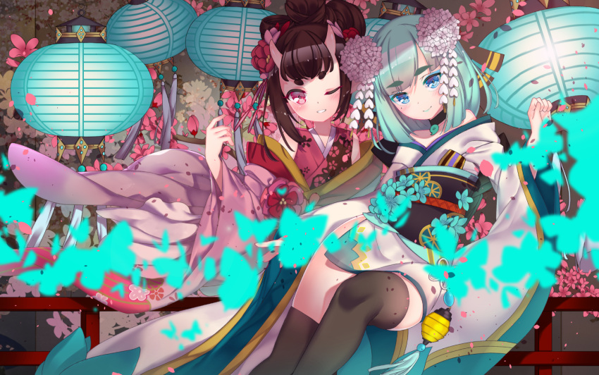 2girls, ;), aoandon, black_legwear, blue_eyes, blue_hair, brown_hair, butterfly
