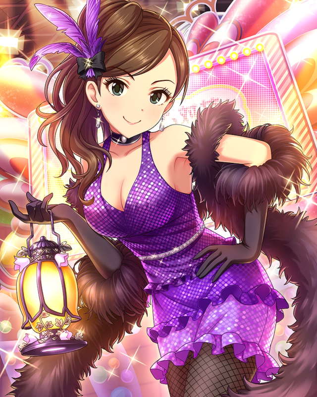 1girl, alternate_costume, artist_request, bare_shoulders, black_gloves, breasts, brown_hair, cleavage