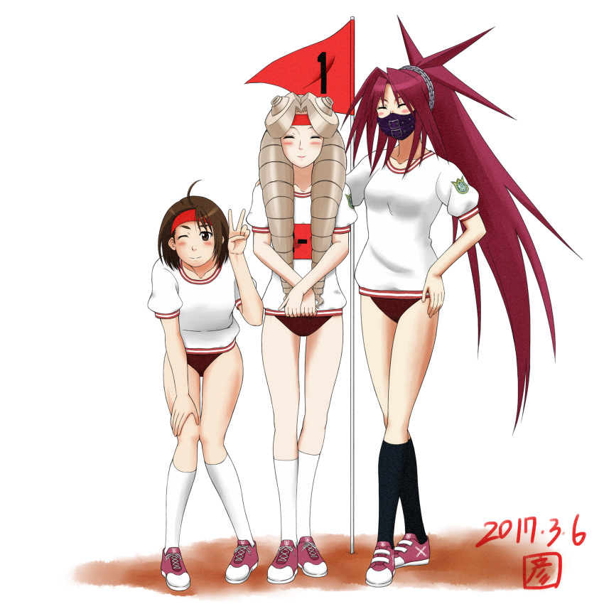 3girls, ahoge, artist_request, black_legwear, brown_eyes, brown_hair, buruma, closed_eyes