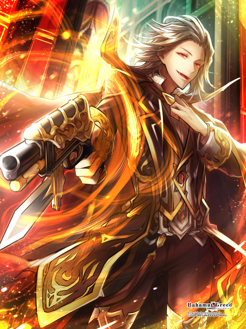 1boy, bahamut_greed, black_pants, copyright_name, fangs, fantasy, grey_hair, gun