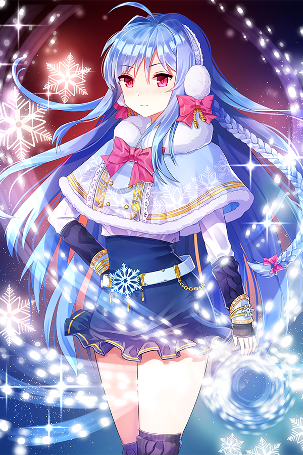 1girl, ahoge, belt, black_legwear, blue_hair, bow, braid, earmuffs, elaine_(soccer_spirits), hand_on_hip, ioan, long_hair, looking_at_viewer, pink_bow, pink_eyes, snowflakes, soccer_spirits, solo, standing, thigh-highs, twin_braids, very_long_hair