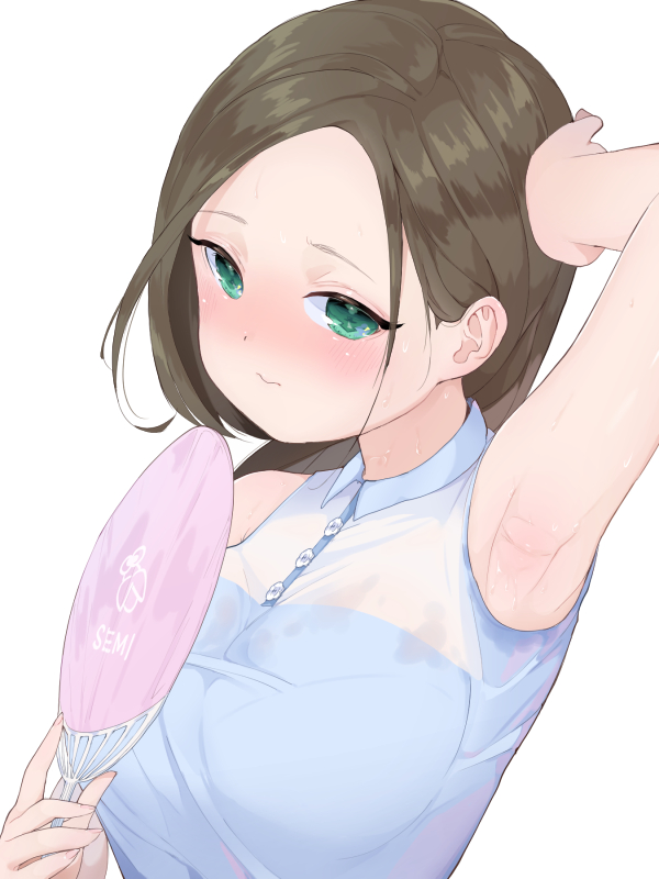1girl, 3:, arm_up, armpits, blouse, blue_blouse, blush, brown_hair, closed_mouth, fan, forehead, green_eyes, hand_up, hot, long_hair, looking_at_viewer, original, paper_fan, simple_background, sleeveless, sleeveless_blouse, solo, sweat, sweat_stain, sweating, uchiwa, upper_body, ushinomiya, white_background