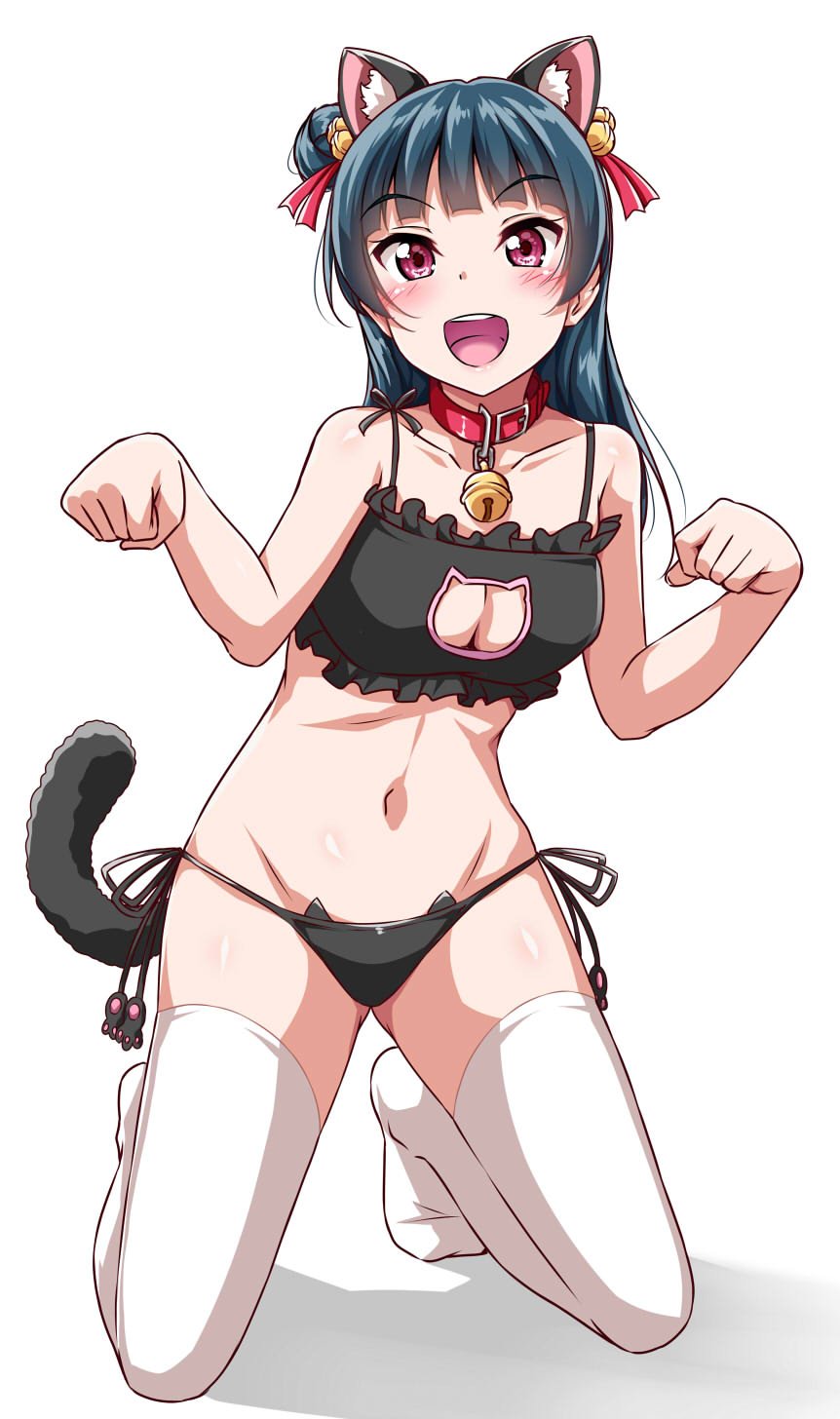 1girl, :d, animal_ears, bangs, bell, bell_collar, black_bra, black_panties