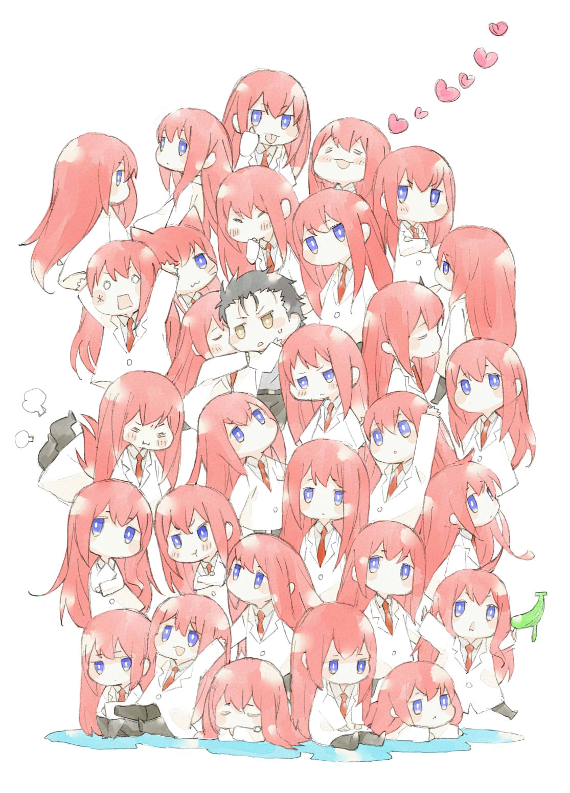 1boy, 1girl, :3, :i, akanbe, animal_ears, animalization, belt, black_hair, blue_eyes, blush_stickers, cat_ears, cheek_kiss, chibi, crossed_arms, gel_banana, heart, highres, hug, huwahuwa_youmou, kiss, labcoat, long_hair, lying, makise_kurisu, multiple_persona, necktie, okabe_rintarou, on_stomach, open_mouth, pants, pout, redhead, shirt, short_hair, simple_background, sitting, sleeping, steins;gate, sweatdrop, tongue, tongue_out, triangle_mouth, white_background, yellow_eyes