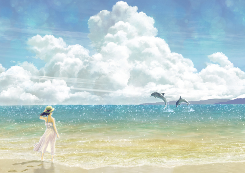 1girl, beach, clouds, cloudy_sky, dolphin, dress, hat, kun52