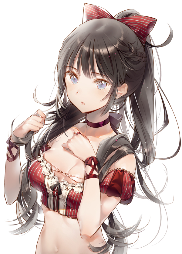 1girl, :o, bandeau, bangs, bare_shoulders, black_bow, black_hair, black_ribbon