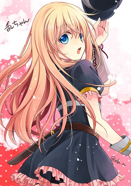 1boy, armor, blonde_hair, blue_eyes, dress, hat, hat_removed, headwear_removed, japanese_armor, kote, looking_back, male_focus, midare_toushirou, mizuno_eita, open_mouth, sheath, shorts, shorts_under_dress, touken_ranbu, trap, twitter_username