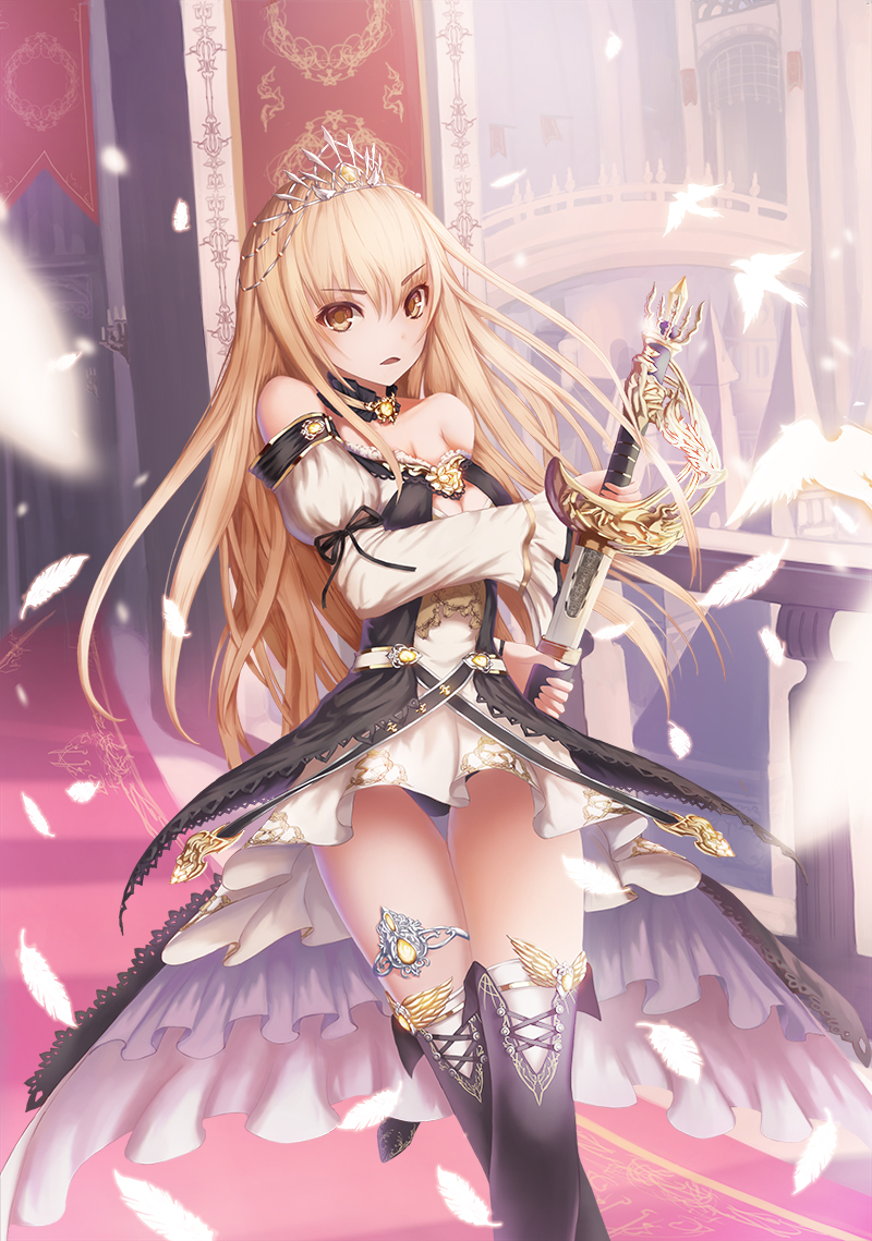 1girl, bare_shoulders, black_legwear, blonde_hair, brown_eyes, candle, choker, dress