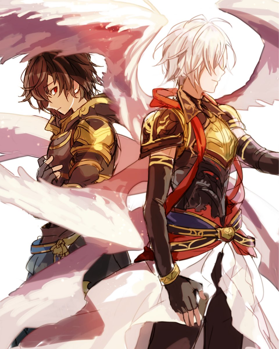 2boys, armor, back-to-back, brown_hair, fingerless_gloves, gloves, granblue_fantasy, highres, image_sample, lucifer_(granblue_fantasy), male_focus, multiple_boys, multiple_wings, red_eyes, sandalphon_(granblue_fantasy), seraph, short_hair, twitter_sample, white_hair, wings