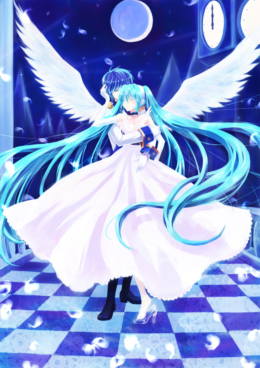 aqua_hair, blue, blue_hair, cendrillon_(vocaloid), checkered, checkered_floor, choker, dress, feathers, hairband, hatsune_miku, headphones, highres, kaito, kanjuku_pain, moon, night, sakutuki, twintails, very_long_hair, vocaloid, white_dress, wings
