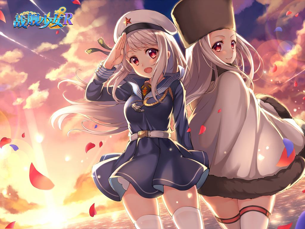 2girls, aiguillette, anchor, belt, beret, black_hat, blush, breasts