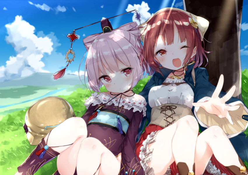 2girls, ;d, atelier_(series), atelier_sophie, bangs, bare_shoulders, blouse, blue_sky