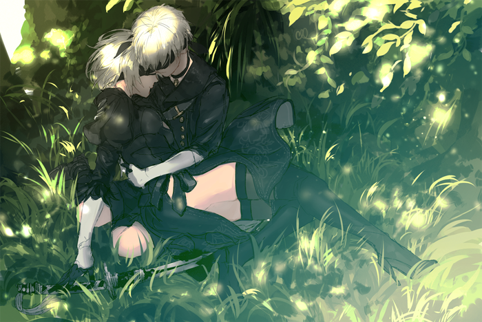 1boy, 1girl, android, black_clothes, blindfold, boots, breasts, choker, dress, en_(enxxx), gloves, grass, hetero, high_heels, hug, lying, lying_on_lap, nier_(series), nier_automata, on_back, outdoors, pale_skin, short_hair, sitting, sword, thigh-highs, thigh_boots, tree, weapon, white_hair, yorha_no._2_type_b, yorha_no._9_type_s
