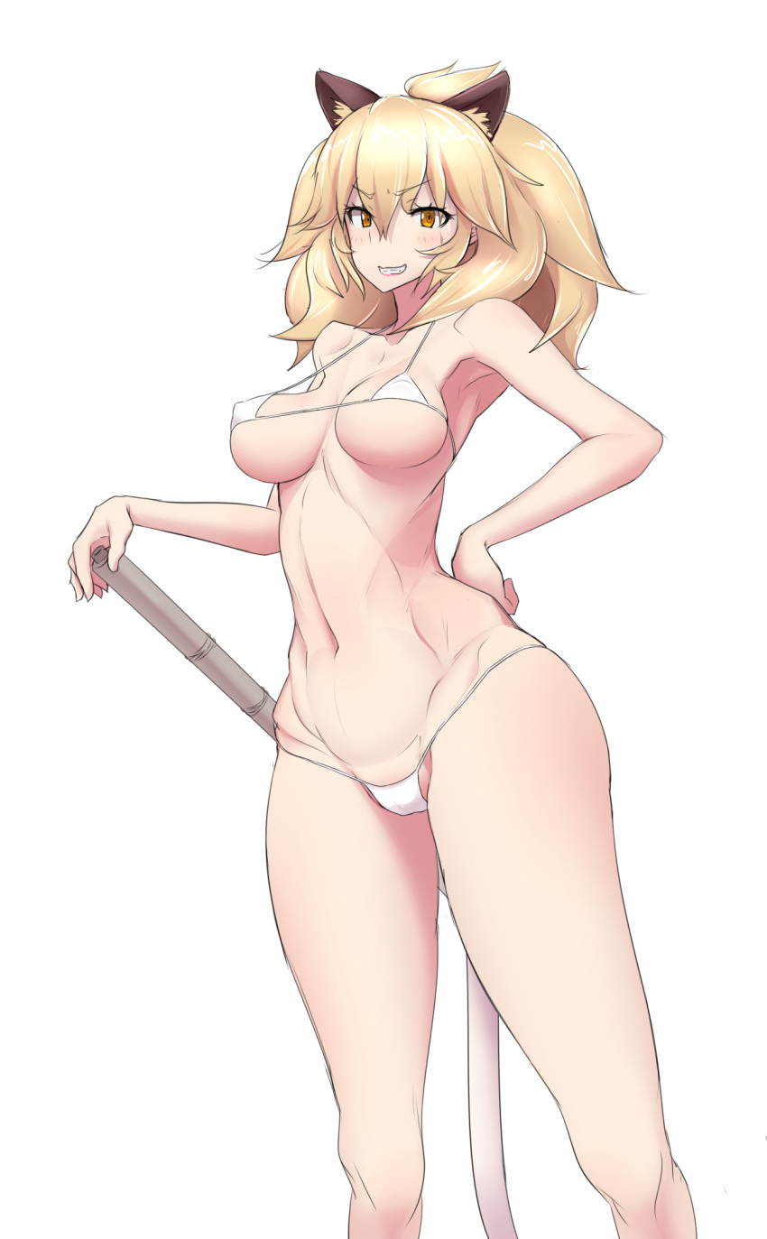 1girl, 89_(hakkyuu), animal_ears, bikini, blonde_hair, highres, kemono_friends, lion_(kemono_friends), lion_ears, lion_tail, micro_bikini, skirt, swimsuit, tail, white_bikini