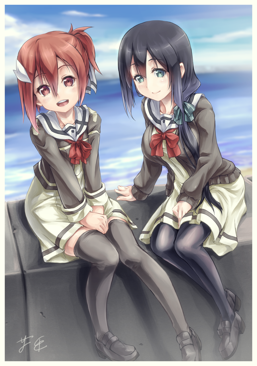 2girls, black_hair, black_legwear, bow, cardigan, dress, eyebrows_visible_through_hair, full_body