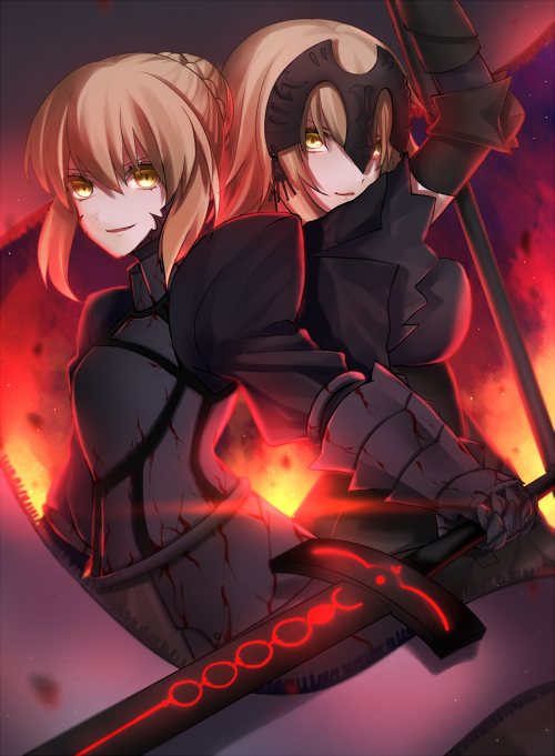armor, blonde_hair, dark_excalibur, fate_(series), jeanne_alter, juliet_sleeves, long_sleeves, looking_at_viewer