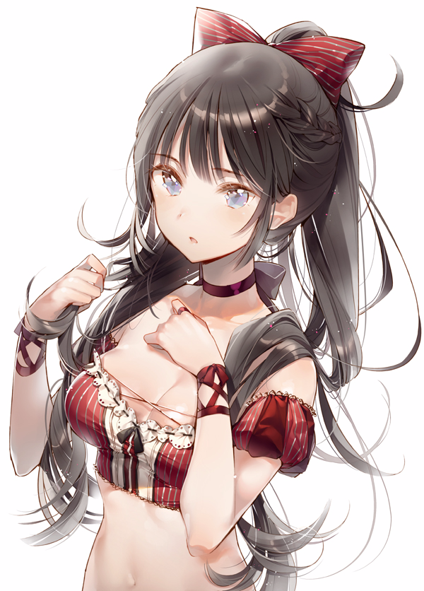 1girl, :o, bandeau, bangs, bare_shoulders, black_bow, black_hair, black_ribbon