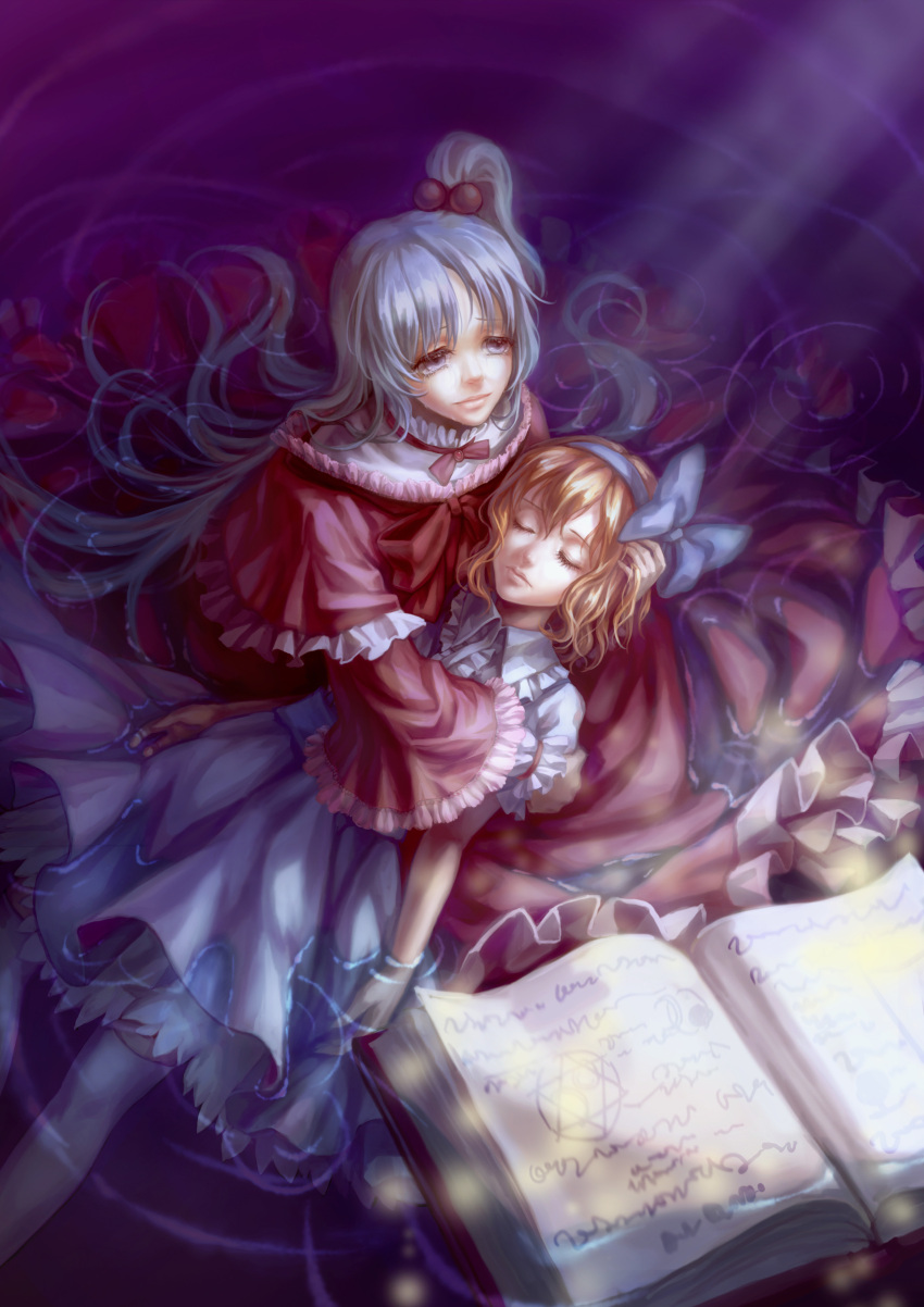 2girls, absurdres, alice_margatroid, alice_margatroid_(pc-98), asymmetrical_hair, blonde_hair, blue_bow, book
