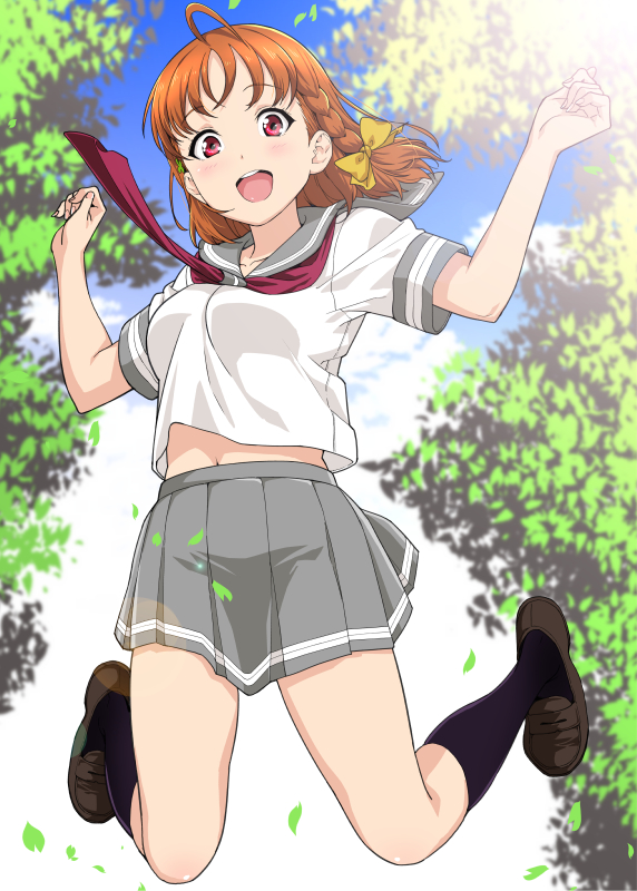 1girl, ahoge, black_legwear, bouncing_breasts, braid, breasts, brown_shoes, clover_hair_ornament