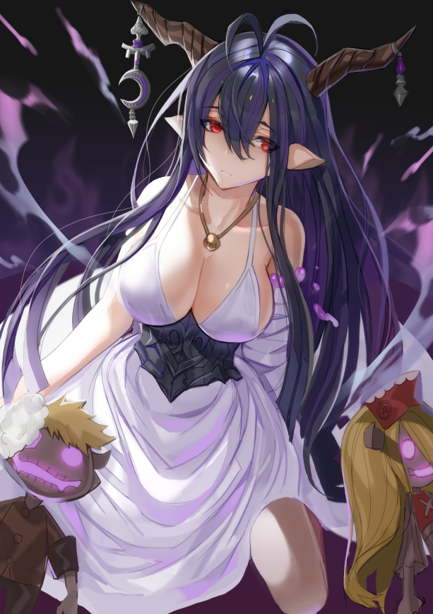 1girl, antenna_hair, black_hair, breasts, cleavage, crescent, danua, doll