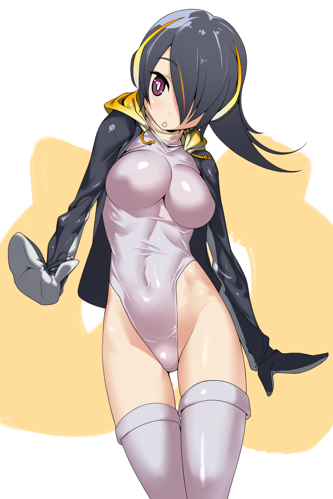 1girl, :o, arms_at_sides, black_gloves, black_hair, breasts, chestnut_mouth, covered_navel