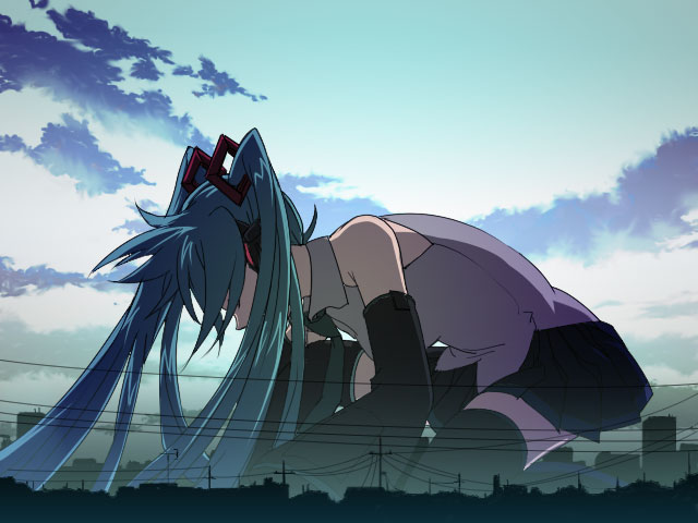 cloud, clouds, detached_sleeves, giantess, guntank_(artist), hatsune_miku, kneeling, necktie, skirt, sky, thigh-highs, thighhighs, twintails, vocaloid