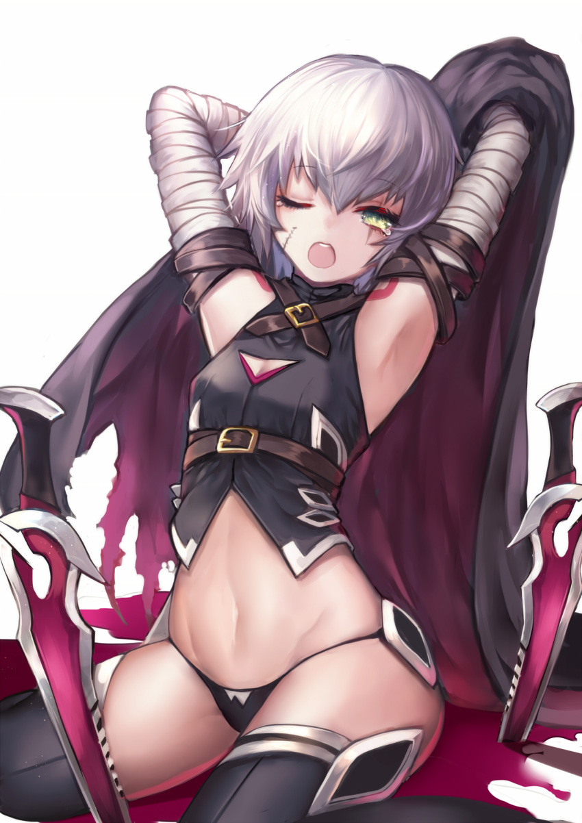 1girl, ;d, armpits, assassin_of_black, bandage, bare_shoulders, black_legwear, black_panties
